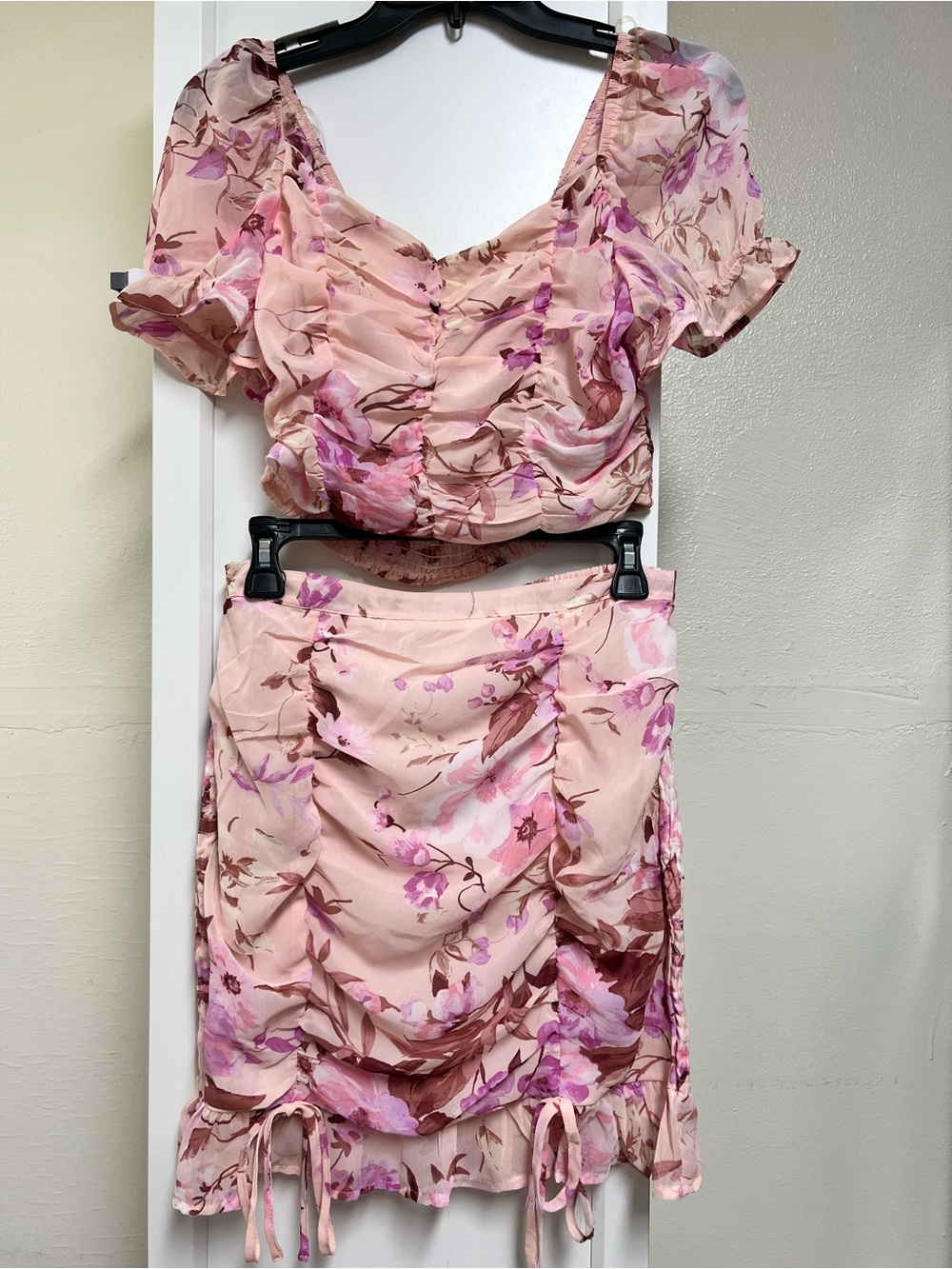 Floral Pink Ruched Mini Skirt and crop top
